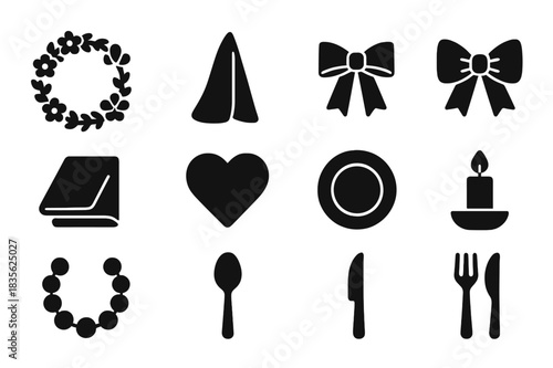 Wedding Table Icons. Wedding Table Decor. Solid icon set of Wedding Table Decor: flower ring, napkin, ribbon, bow, folded cloth, heart, plate, candle, pearl,