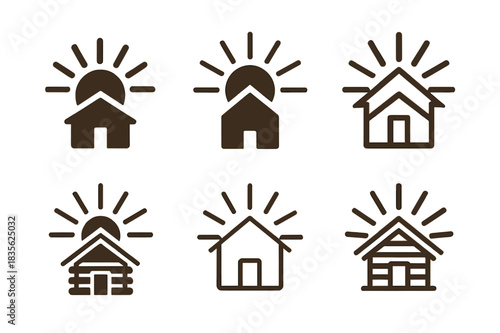 Wellness Tourism Logos. Nature-based wellness tourism. Icon set. Set Logo of wellness tourism: cabin with sun rays. harmonious logo variations of the same