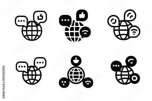 Digital Networking Icons. Social and digital networking. Icon set. Set Logo of social and digital networking: globe with surrounding chat bubbles and digital