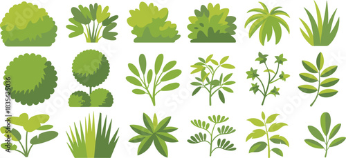 Stylized green plant and shrub illustration set featuring diverse foliage shapes for botanical, garden, and design themes.