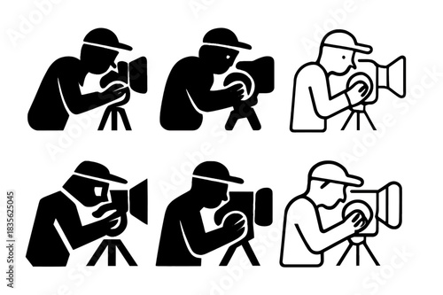 Director's Camera Focus. A director adjusting the camera on set for a close-up shot. Icon set. Set Logo of A director adjusting the camera on set for a