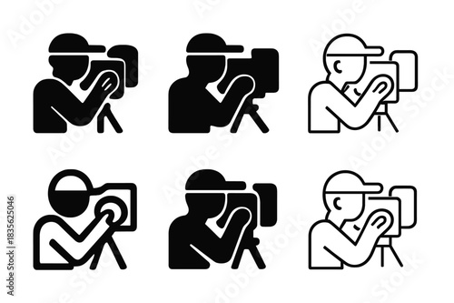 Director's Camera Focus. A director adjusting the camera on set for a close-up shot. Icon set. Set Logo of A director adjusting the camera on set for a