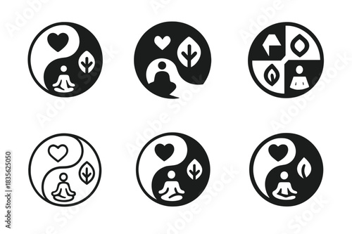 Wellness Logo Variations. Personalized wellness plans. Icon set. Set Logo of personalized wellness plans: Yin-yang with wellness symbols. harmonious logo
