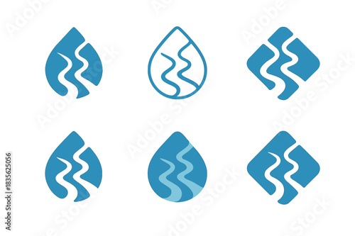 Wetland Logo Variations. Wetlands. Icon set. Set Logo of wetlands: river delta flow. harmonious logo variations of the same emblematic concept, each with