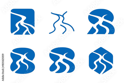 Wetland Logo Variations. Wetlands. Icon set. Set Logo of wetlands: river delta flow. harmonious logo variations of the same emblematic concept, each with