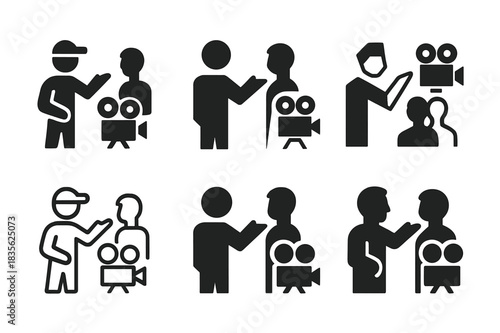 Director's Feedback Icons. A director giving feedback to an actor on their performance. Icon set. Set Logo of a director giving feedback to an actor on their