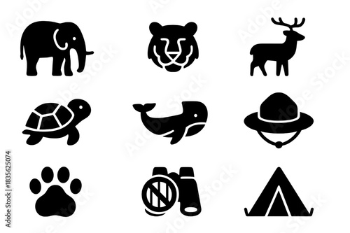 Wildlife Conservation Icons. Wildlife conservation. Solid icon set of wildlife conservation: elephant, tiger, bird nest, deer, turtle, whale, forest ranger