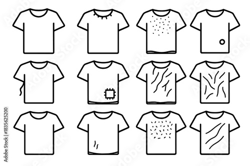 Worn T-shirt Icons. Everyday Worn T-shirt. Line icon set of Everyday Worn T-shirt: t-shirt, frayed collar, faded fabric, small hole, loose threads, patched