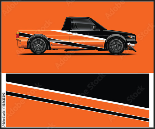 Pickup truck vector graphic with racing stripes and orange background