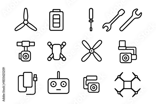 Drone Maintenance Icons. Drone Maintenance. Line icon set of Drone Maintenance: propeller, battery, screwdriver, wrench, gimbal, folded drone, spare parts,