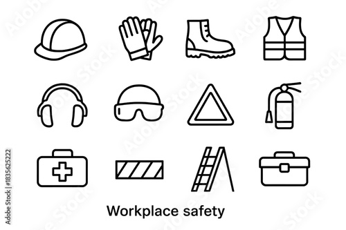 Workplace Safety Icons. Workplace safety. Line icon set of workplace safety: helmet, gloves, safety boots, high visibility vest, ear protection, safety