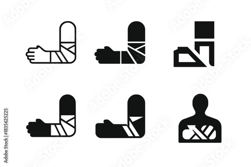 Wounded Victims Logos. Wounded Victims. Icon set. Set Logo of Wounded Victims: Bandaged Arm. harmonious logo variations of the same emblematic concept (Minimal