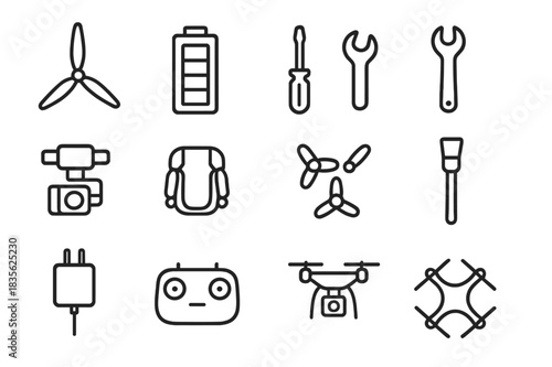 Drone Maintenance Icons. Drone Maintenance. Line icon set of Drone Maintenance: propeller, battery, screwdriver, wrench, gimbal, folded drone, spare parts,