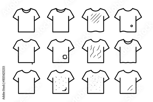 Worn T-shirt Icons. Everyday Worn T-shirt. Line icon set of Everyday Worn T-shirt: t-shirt, frayed collar, faded fabric, small hole, loose threads, patched