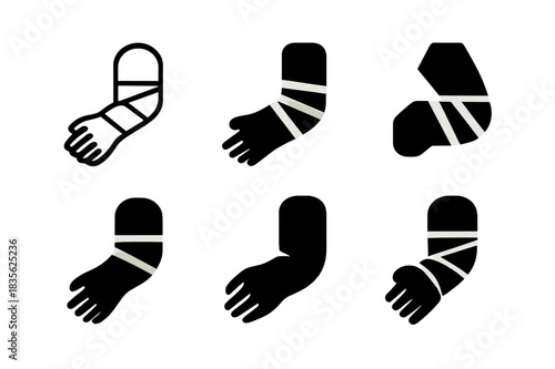 Wounded Victims Logos. Wounded Victims. Icon set. Set Logo of Wounded Victims: Bandaged Arm. harmonious logo variations of the same emblematic concept (Minimal