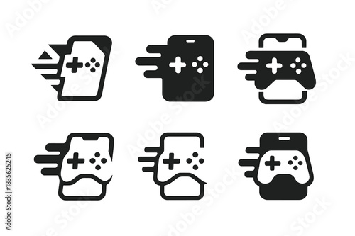 Dynamic Mobile Gaming Icons. Playing a mobile game on the go. Icon set. Set Logo of mobile gaming: moving smartphone with speed lines. harmonious