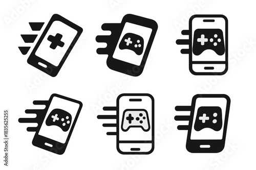 Dynamic Mobile Gaming Icons. Playing a mobile game on the go. Icon set. Set Logo of mobile gaming: moving smartphone with speed lines. harmonious