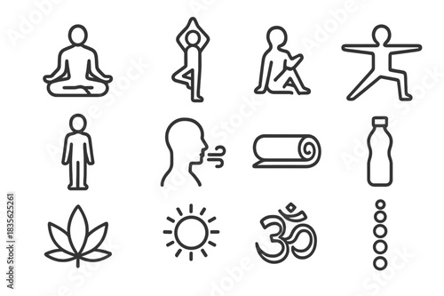 Yoga Icon Set. Yoga and meditation. Line icon set of yoga and meditation: lotus pose, tree pose, seated twist, warrior pose, mountain pose, breathing exercise,