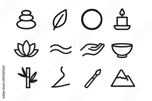 Zen Aesthetics Icons. Zen aesthetics. Line icon set of zen aesthetics: stone stack, leaf, circle, candle, lotus, wave line, hand, bowl, bamboo, incense, brush