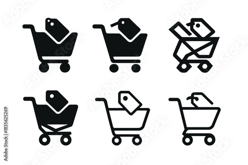 E-commerce Logo Variations. Online shopping cart UI. Icon set. Set Logo of e-commerce: cart with price tags. harmonious logo variations of the same emblematic