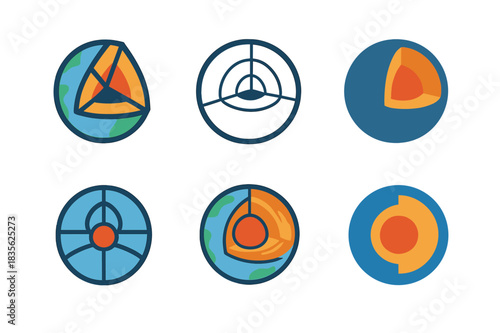 Earth Layers Logos. Earth layers. Icon set. Set Logo of earth layers: globe cutaway with mantle texture and lava core. harmonious logo variations of the same