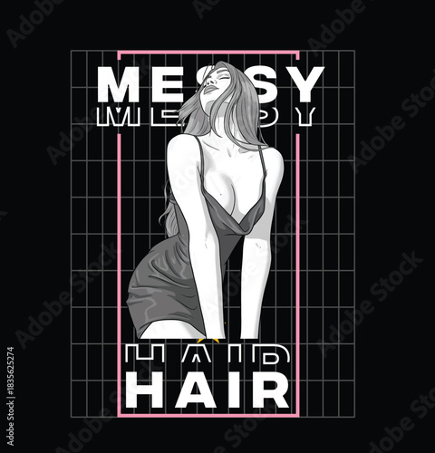 Messy Hair typography with sensual woman in slip dress monochrome aesthetic vector art