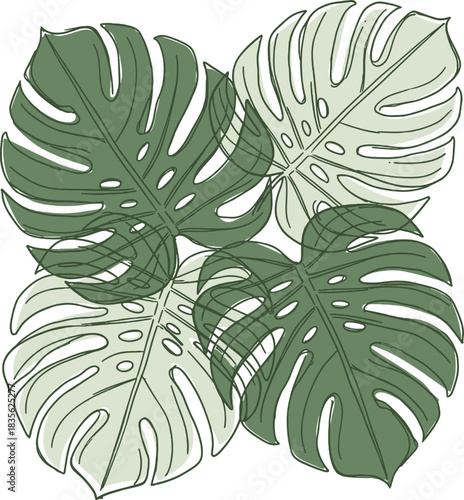 Overlapping sketchy monstera deliciosa leaves in green shades forming a square pattern.