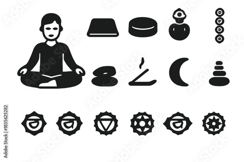 Zen Meditation Icons. Zen Meditation. Solid icon set of person in lotus position, cross-legged, hands on knees, closed eyes, calm expression, yoga mat,