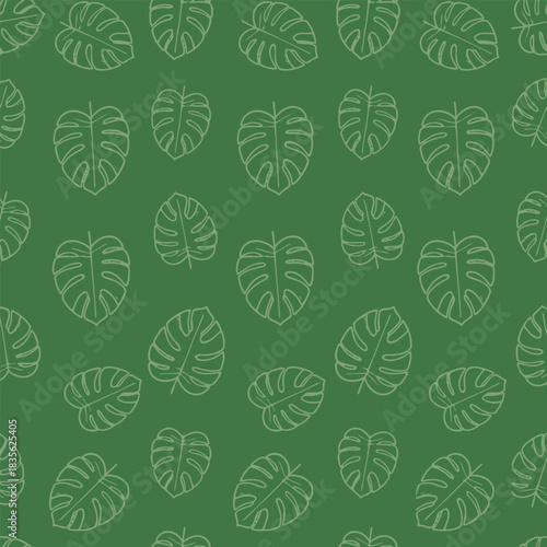 Seamless vector pattern of stylized Monstera Deliciosa leaves on a deep jungle green background.