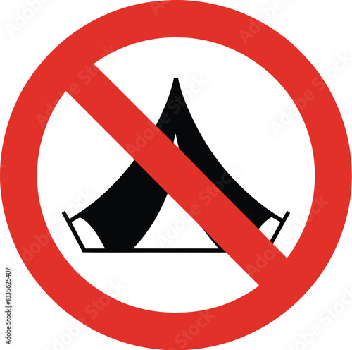 No camping area sign camping prohibited symbol red circle with line through tent camping forbidden zone area