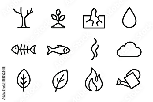 Ecosystem Restoration Icons. Ecosystem restoration contrast. Line icon set of ecosystem restoration contrast: dead tree, new sapling, cracked earth, rain drop,