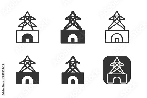 Efficient Energy Mining Logos. Efficient energy use in mining industries. Icon set. Set Logo of efficient energy use in mining industries: electric tower above