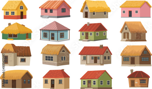 Stylized house illustration set featuring diverse architectural styles and roof types for design, cultural, and educational themes.