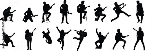 Stylized guitar player silhouette set featuring expressive musical poses for performance, entertainment, and artistic design themes.