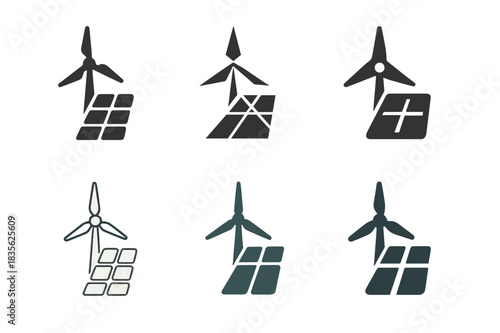 Energy Transition Icons. Energy Transition Plans. Icon set. Set Logo of Energy Transition Plans: wind turbine and solar panel integration. harmonious logo