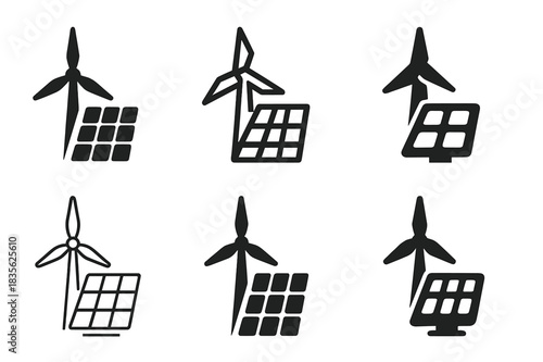 Energy Transition Icons. Energy Transition Plans. Icon set. Set Logo of Energy Transition Plans: wind turbine and solar panel integration. harmonious logo