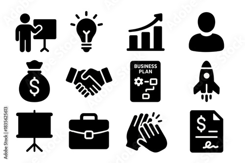 Entrepreneurial Icons Set. Entrepreneur pitching idea to investors. Solid icon set of entrepreneur pitching idea to investors: person presenting, lightbulb,