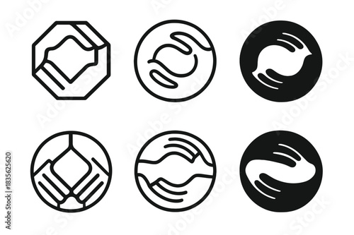 Entwined Hands Logos. Close-up photographs of hands touching or entwining. Icon set. Set Logo of hands entwined: hands forming circle. harmonious