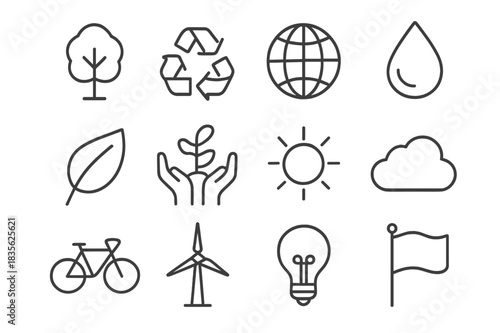 Environmental Icon Set. Environmental activism. Line icon set of environmental activism: tree, recycle symbol, globe, water drop, leaf, hands holding plant,