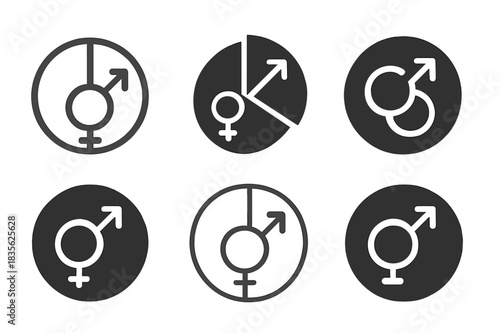 Equal Pay Graphics. Demand for equal pay. Icon set. Set Logo of demand for equal pay: Pie chart split evenly between genders. harmonious logo variations of the