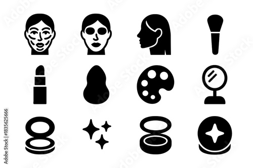 Face Sculpting Icons. Face sculpting. Solid icon set of face sculpting: contour lines on face, highlight zones, cheekbones, jawline, brush, contour stick,