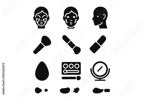 Face Sculpting Icons. Face sculpting. Solid icon set of face sculpting: contour lines on face, highlight zones, cheekbones, jawline, brush, contour stick,