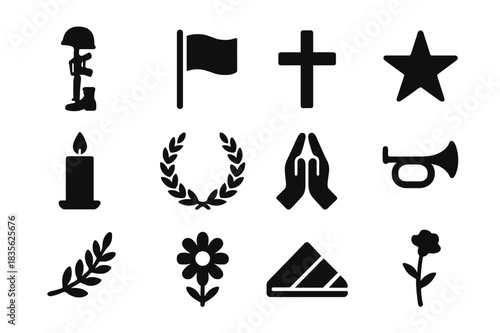 Fallen Soldiers Tribute. Fallen Soldiers Tribute. Solid icon set of Fallen Soldiers Tribute: rifle, helmet, boots, flag, cross, star, candle, wreath, folded