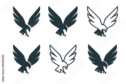 Falcon Logo Variations. Falcons. Icon set. Set Logo of Falcons: Hunting Dive. harmonious logo variations of the same emblematic concept (Negative space,