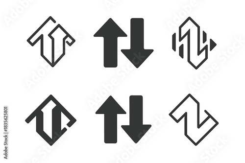 Financial Icons Grid. Stock markets and financial trading floors. Icon set. Set Logo of stock markets and financial trading floors: Up and down market arrows.