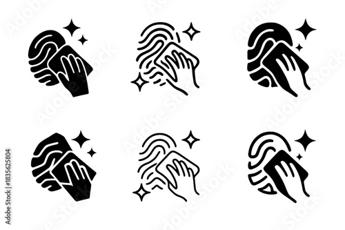 Fingerprint Cleaning Icons. Wiping fingerprints off glass. Icon set. Set Logo of wiping fingerprints off glass: clean sparkle reflection icon emerging from