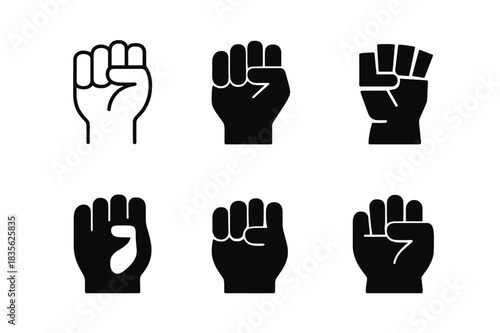 Fist Clenching Logos. Fist clenching. Icon set. Set Logo of fist clenching: strong hand forming a tight fist. harmonious logo variations of the same emblematic