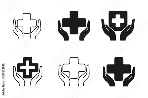 First Aid Logos. First aid training courses. Icon set. Set Logo of first aid: medical cross with hands. harmonious logo variations of the same emblematic