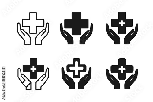 First Aid Logos. First aid training courses. Icon set. Set Logo of first aid: medical cross with hands. harmonious logo variations of the same emblematic