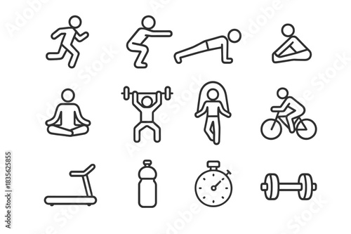 Fitness Icon Set. Fitness person. Line icon set of fitness person: running, squats, push-ups, stretching, yoga, lifting weights, jumping rope, cycling,